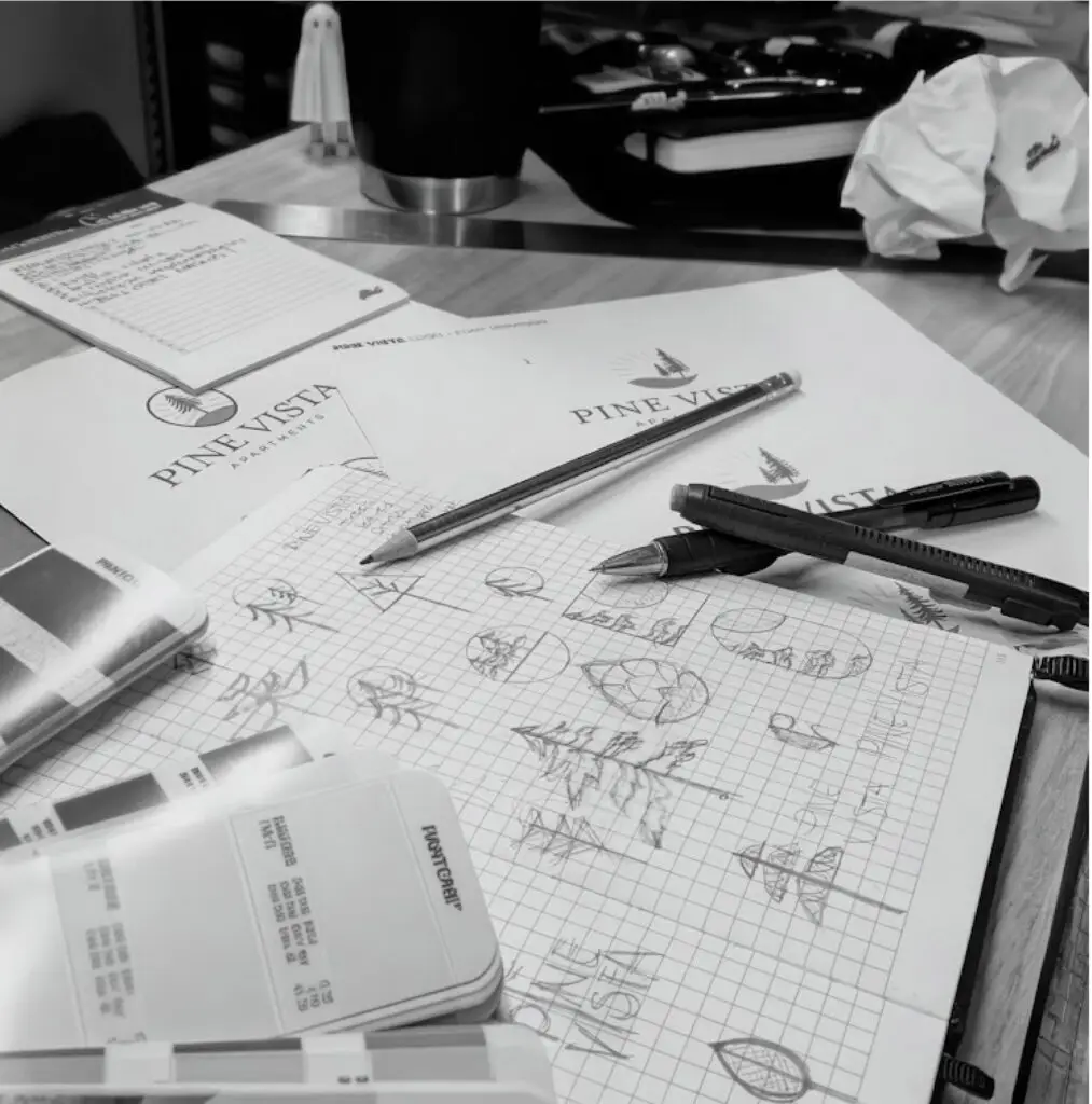 Multifamily branding studio work — oh dang! identity design process materials including logo sketches and Pantone swatches.