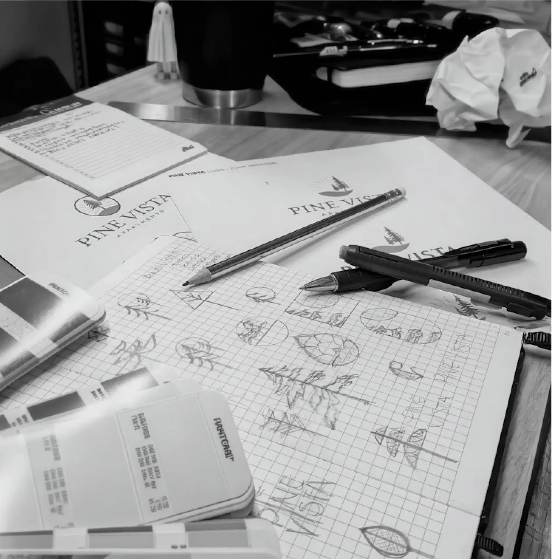 Multifamily branding studio work — oh dang! identity design process materials including logo sketches and Pantone swatches.